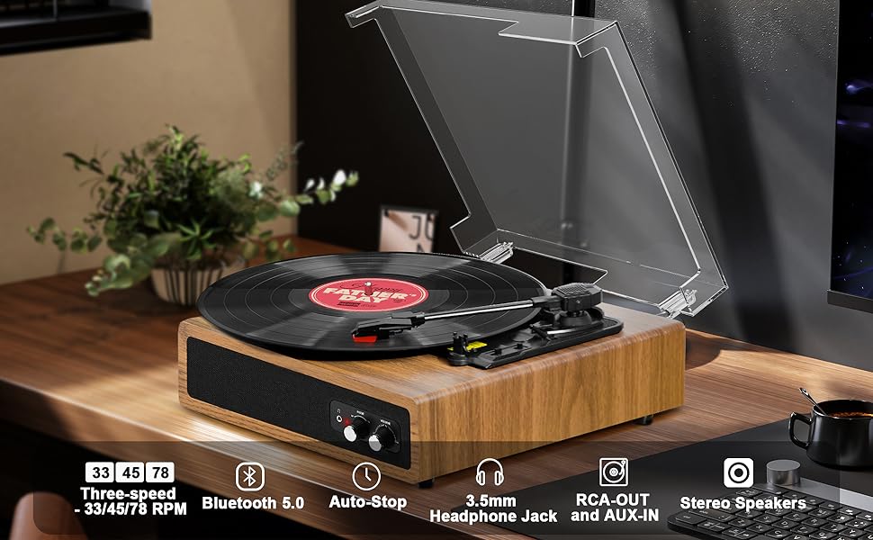 Bluetooth Record Player Belt-Driven 3-Speed Turntable, Vintage Vinyl Record  Players Built-in Stereo Speakers, with Headphone